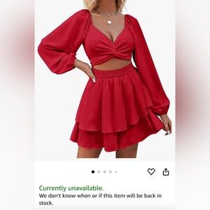 Womens Romper Sexy V Neck Long Sleeve Flowy Double Ruffle Mini Short Red Romper